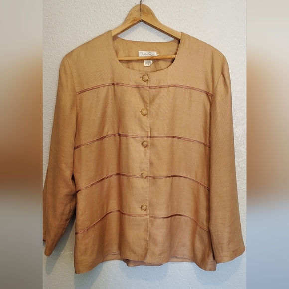 Paola Conte 100% Linen Tan Skirtsuit Jacket & Matching Skirt Set Size 16 - Picture 2 of 6